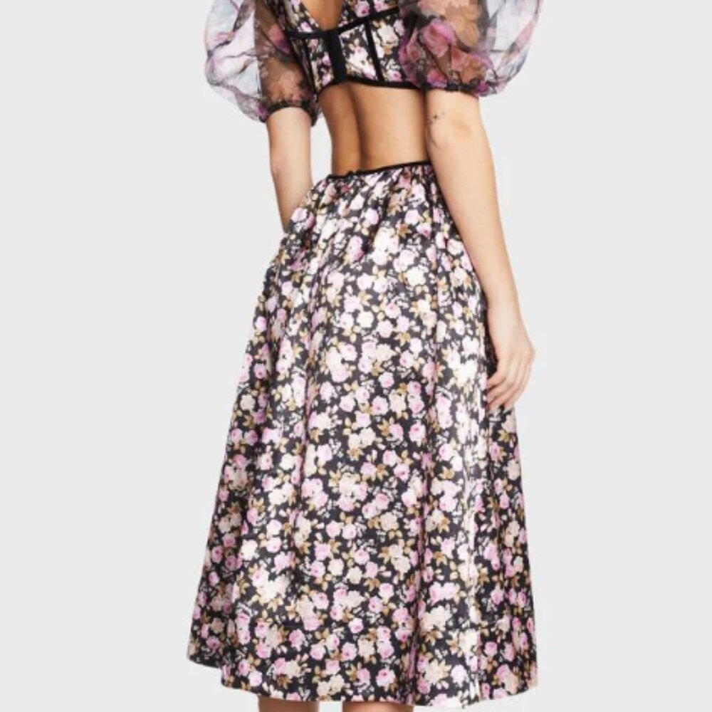 For Love & Lemons Maddison Floral Midi Dress with Puff Sleeves & Bustier Front - Picture 3 of 4